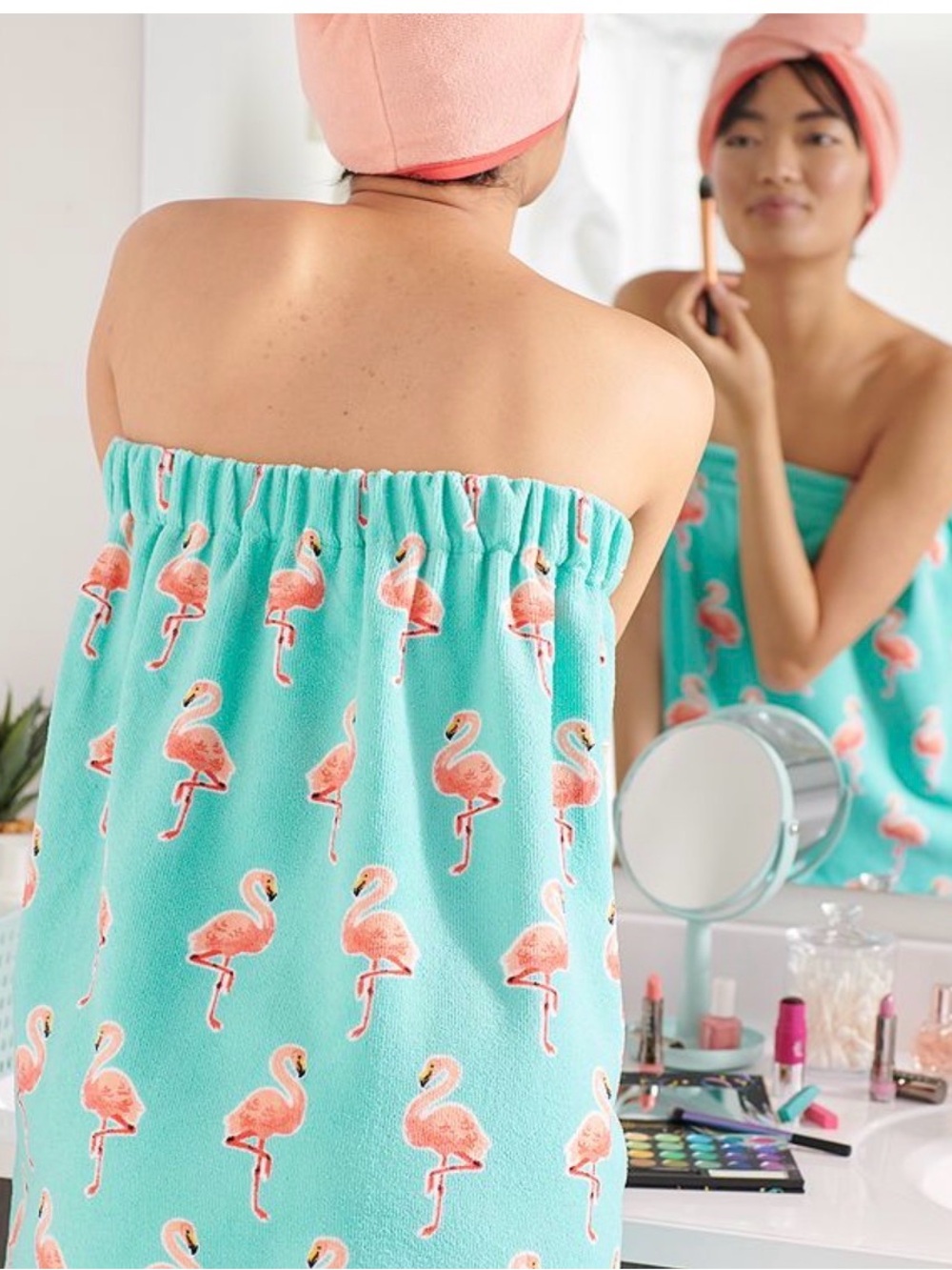 🌸. Flamingo Print Strapless Towel Dress - Aqua